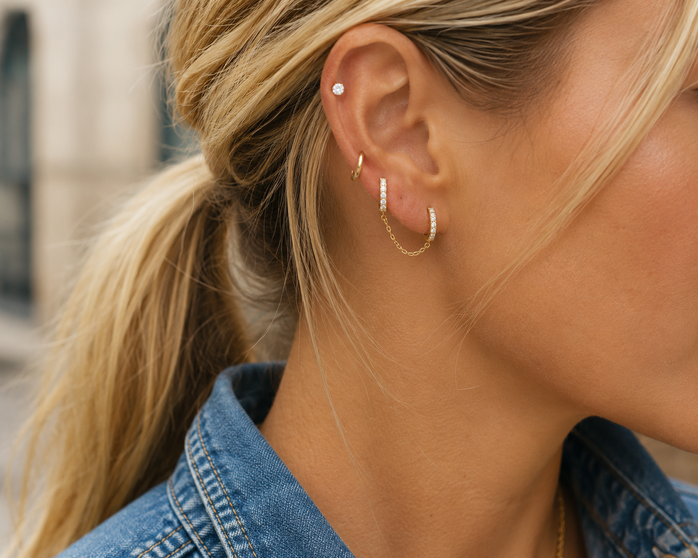 DOUBLE HUGGIE DIAMOND CHAIN EARRING