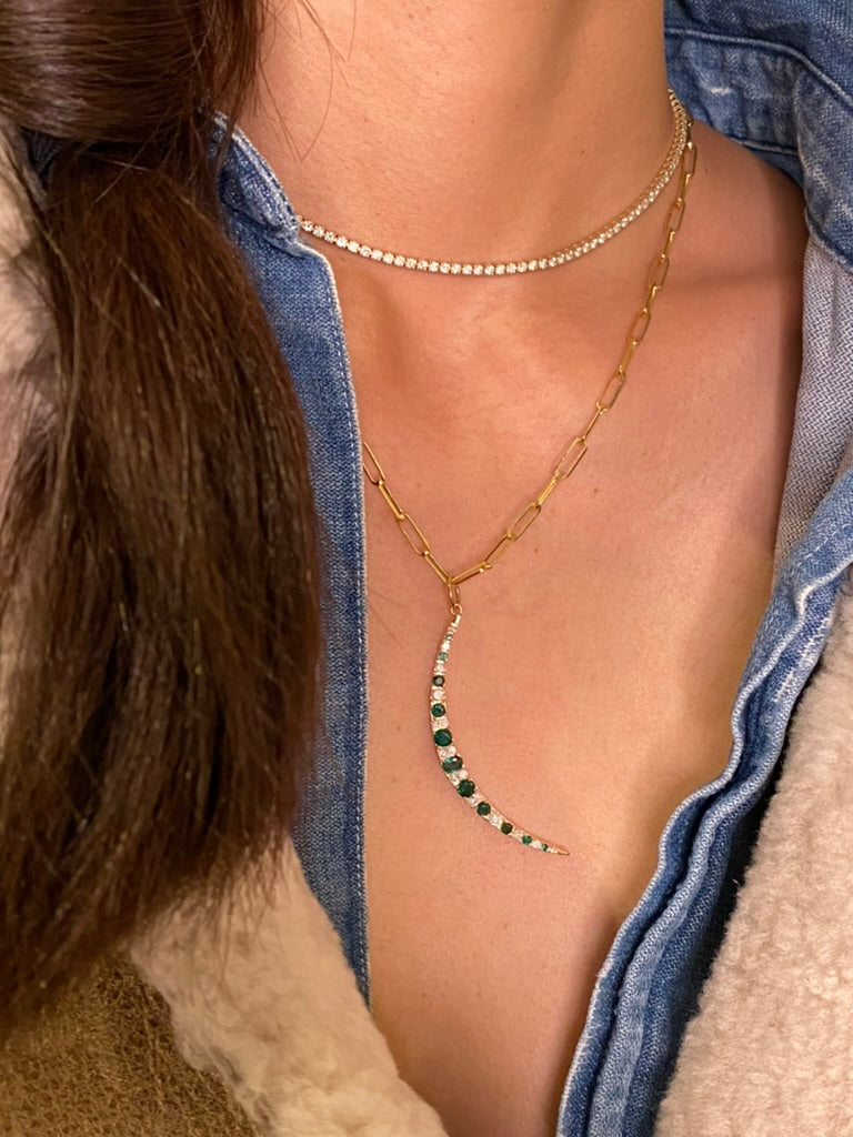 DIAMOND AND EMERALD CRESCENT MOON PENDANT