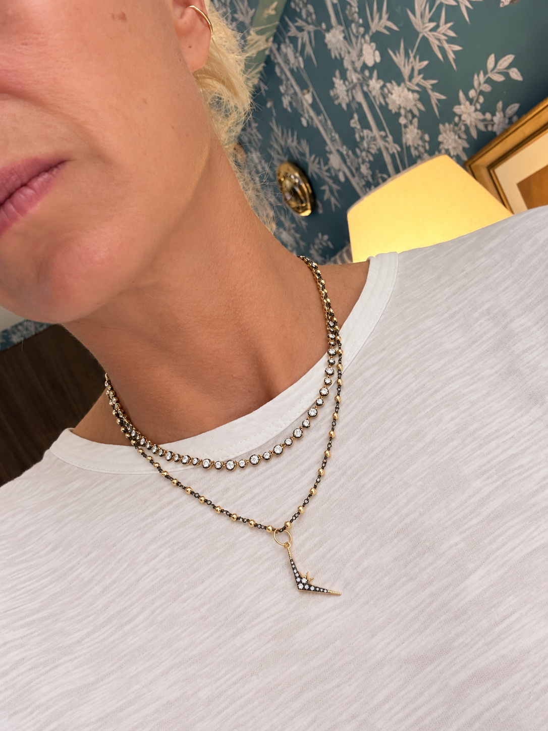 14K GOLD AND DIAMOND GEORGIAN SET TENNIS NECKLACE WITH RHODIUM 5ct