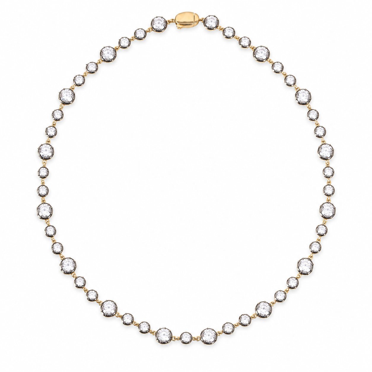 A yellow gold tennis necklace featuring round-cut clear gemstones in bezel settings, arranged in a circular shape on a solid white background.