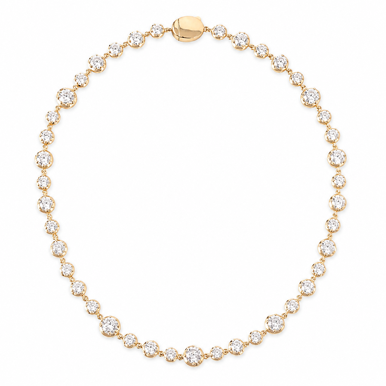 A yellow gold tennis necklace featuring round-cut clear gemstones in a halo setting, arranged in an oval shape on a solid white background.