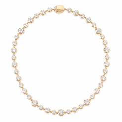 A yellow gold tennis necklace featuring round-cut clear gemstones in a halo setting, arranged in an oval shape on a solid white background.