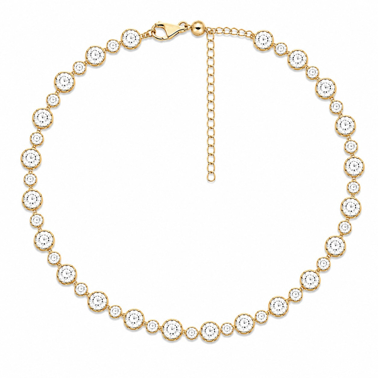A gold tennis necklace featuring round-cut clear gemstones in bezel settings, arranged in a circular shape with an adjustable gold chain extender and clasp, shown on a plain white background.