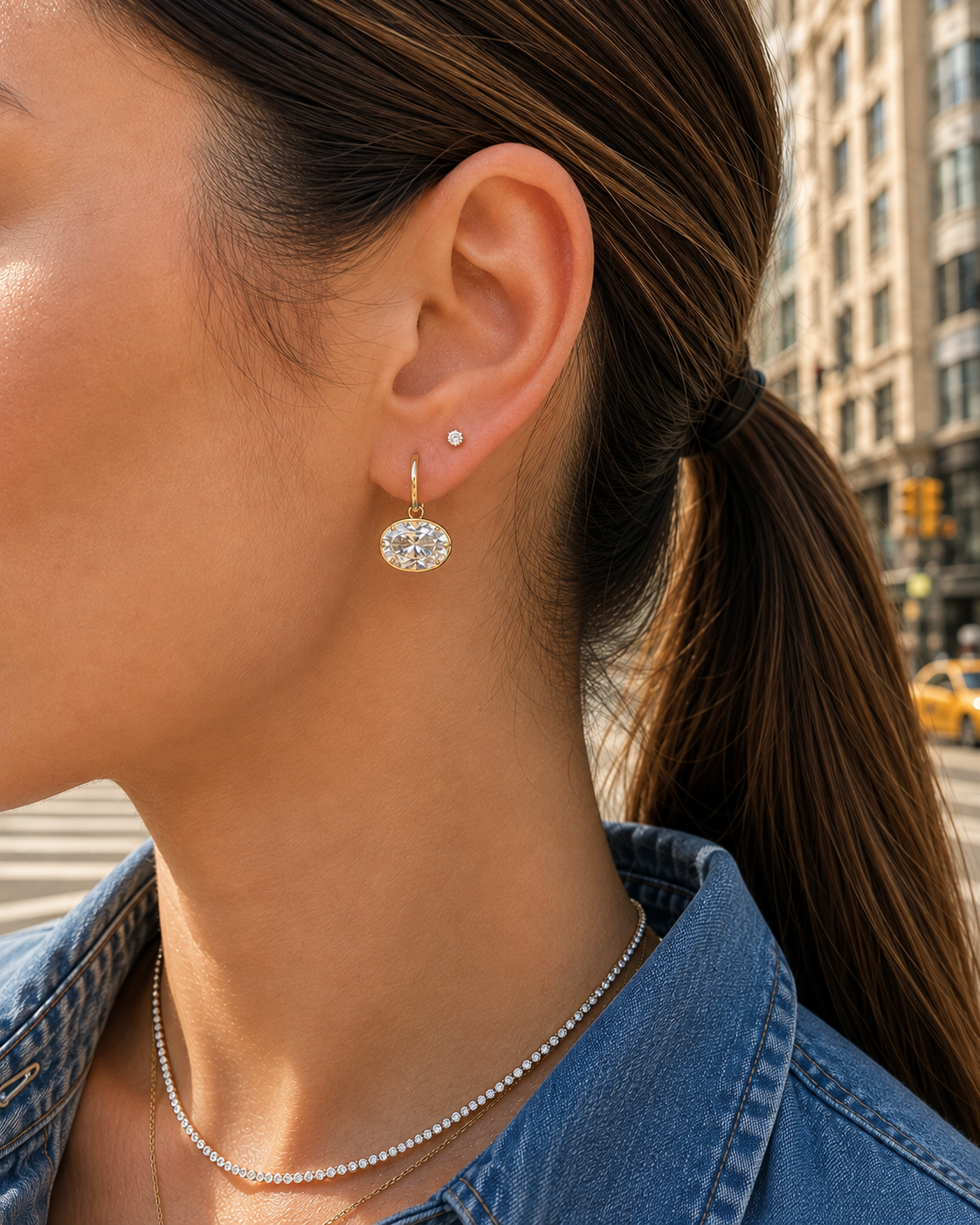 OVAL EAST-WEST SET DIAMOND DROP EARRINGS